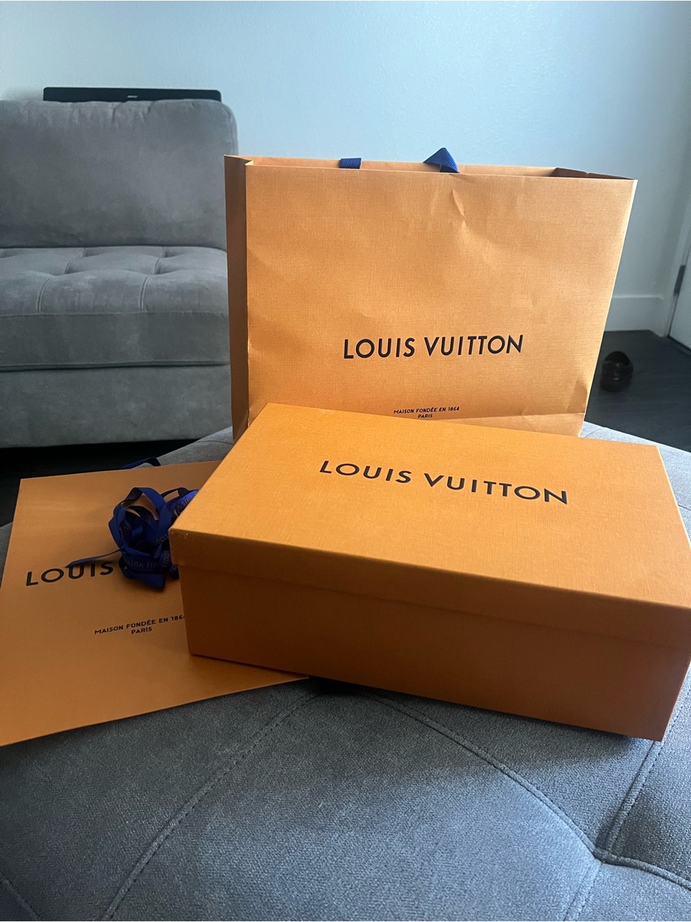 Louis Vuitton Orange Gift Box and Shopping Bag with Navy Ribbon